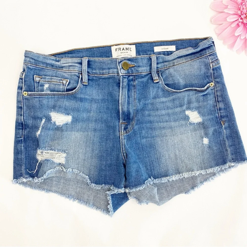 Frame Denim Le Cutoff Denim Jean Shorts Distressed Oxnard Blue Light Wash